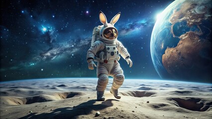 Rabbit in a spacesuit landing on the moon , space exploration, astronaut, cute, whimsical, lunar landing