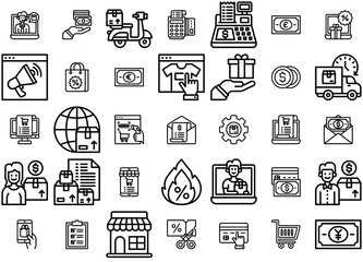 Mega Set Of Vector Commerce And Shopping Isolated Silhouette Solid Icons With Shopping,Money,Box,Shipping,Delivery Outline Icons Collection. Simple Vector Illustration