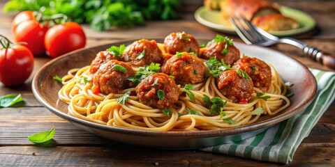 Delicious plate of spaghetti with savory meatballs , pasta, Italian, food, meal, dinner, cuisine, tomato sauce, basil