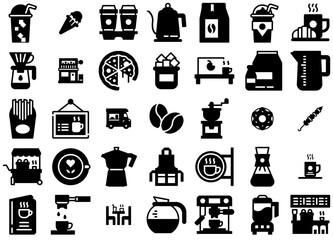 Set Of Coffee Shop Icons Collection Isolated Silhouette Solid Icons Including Pot,Drink,Kettle,Coffee,Food Simple Black Style Symbol Sign For Apps And Website, Vector Illustration