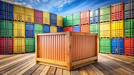 Fototapeta premium Colorful wooden box with colored containers in a loading port , logistics, export, import, shipment, transportation