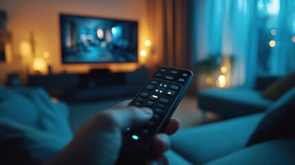 Modern Entertainment: Hand Holding Remote Control Pausing Movie on Smart TV in Comfortable Living Room