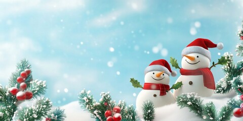 Obraz premium Cheerful snowmen wearing festive hats among snowy bushes during winter holiday season