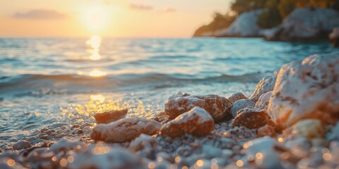 A beautiful sunrise over a rocky beach with the ocean waves sparkling, reflecting the golden hues of the morning light.