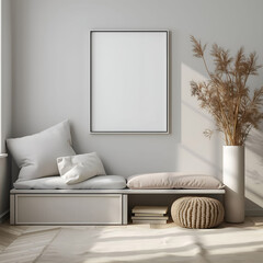 Aesthetic minimalist room interior design. Mockup picture frames. Mock up poster on the walls. Copy space. Scandi apartment for decoration. Neutral colors. Modern japandi style.