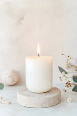 Artisanal Candle in Japandi-Inspired Studio with Natural Botanical Accents