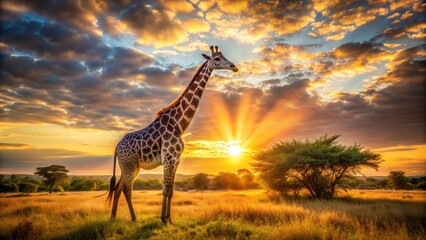 Obraz premium Dramatic low-angle giraffe heroic majestic powerful afternoon golden hour warm intense sunlight
