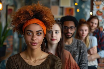 Fototapeta premium A diverse group of five young friends poses together indoors, showcasing their unity, diversity, and friendship in a brightly lit social environment.