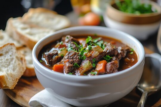 Hearty beef stew in white bowl with bread