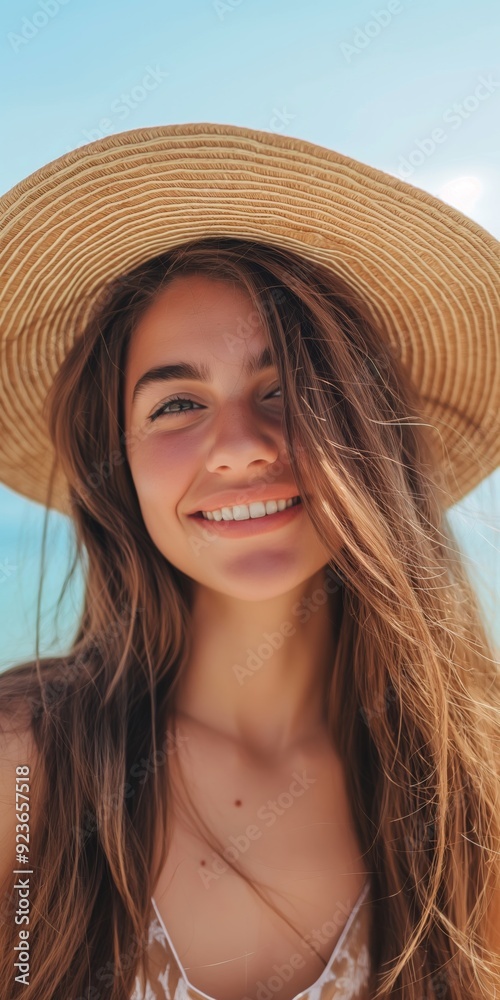 Wall mural a woman in a hat enjoys happiness and relaxation at a seaside resort during summer vacation.