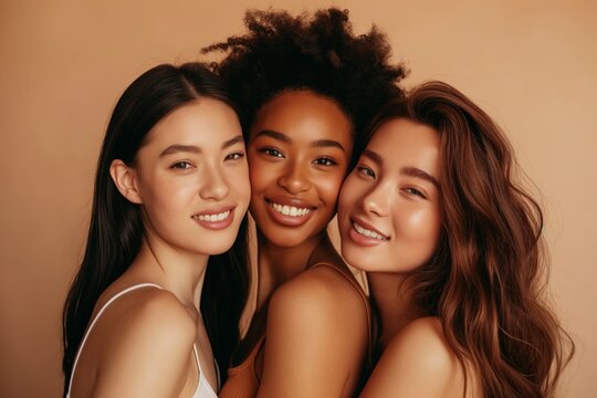 A cheerful and diverse group of attractive women posing for a photo in a studio, showcasing friendship and beauty across different ethnicities and styles.