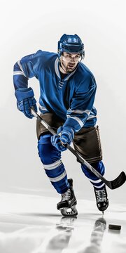 A handsome hockey player in a helmet and uniform, holding a stick, ready for action in the studio.