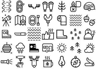 A Collection Of Camping Vector Symbols Apps, Websites Ui Designs Suitable For Campground,Camp,Outdoors,Camping,Nature Outline Icons Collection. Simple Vector Illustration