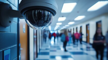Close-up of a surveillance camera monitoring a school hallway with students blurred in the background