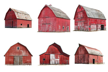 Six Rustic Red Barns with Weathered Wood and Grey Roofs