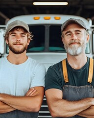 Father and Son Starting a Trucking Company,Satisfied Business Partners Stand in Front of their Heavy-Duty Semi-Truck