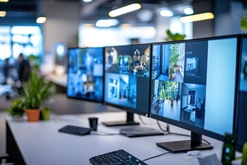 Fototapeta premium Multiple surveillance monitors in a modern office, displaying various live security feeds