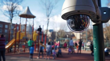 Сamera monitoring a busy playground area with blurred background and children playing