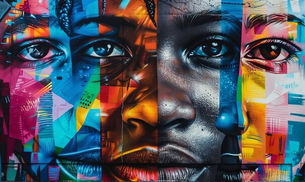 Urban street art depicting social justice themes, with bold colors and striking messages