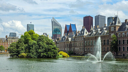 Skyline of the Hague Netherlands with skyscrapers and Binnenhof