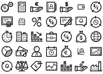 A Collection Of Business Dashed Vector Symbols Apps, Websites Ui Designs Suitable For Communication,Finance,Statistics,Graph,Money Stroke Icon Collection. Vector Illustration