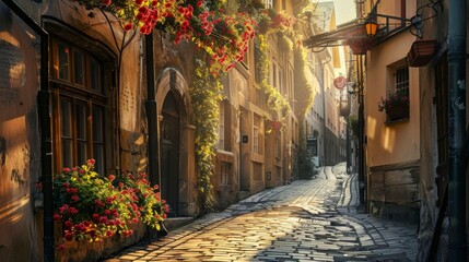 Fototapeta premium Narrow cobblestone street in an old European town illuminated by warm golden hour sunlight.