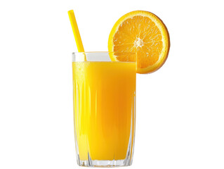 A glass of freshly squeezed orange juice with a slice of orange on the rim cut out transparent isolated on white background PNG file