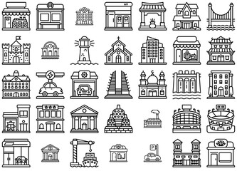 Set Of Linear Buildings Isolated Silhouette Solid Icons With Architecture,Building,Property,School,Store Pictograms And Infographics Design Elements Vector Illustration