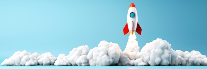 Red and white rocket launching into clear blue sky with clouds of smoke, symbolizing innovation, success, and space exploration.