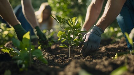 A group of people planting trees in the garden