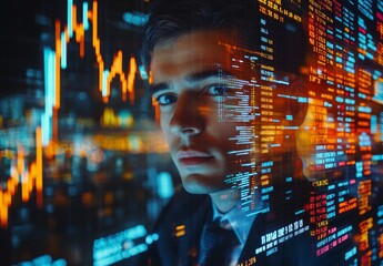 businessman surrounded by holographic stock tickers and data streams, representing automated trading algorithms at work