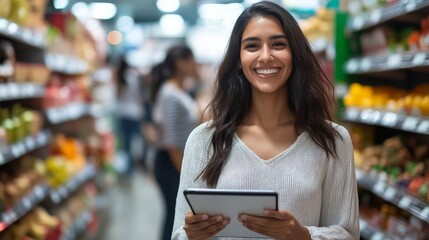 Smiling shopper interacts with a tablet in a colorful grocery aisle
