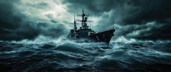 A dramatic image showcasing a naval ship braving the intense, rough waters of the ocean under dark, stormy skies, symbolizing strength, resilience, and courage.