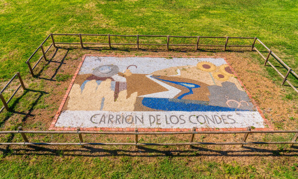 Carrion de los, condes town sign in letters Palencia province Castile and León, Spain