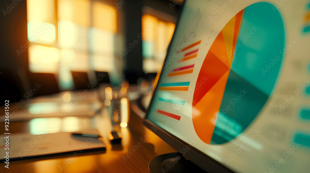 Poster a vibrant pie chart displayed on a screen in a sunlit meeting room, symbolizing data analysis and bu