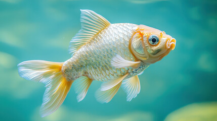Fototapeta premium A charming photograph showcasing a close-up of a graceful goldfish swimming in clear water, highlighting the delicate beauty and peaceful nature of aquatic life.