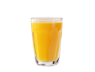 A glass of freshly squeezed orange juice with a slice of orange on the rim cut out transparent isolated on white background PNG file