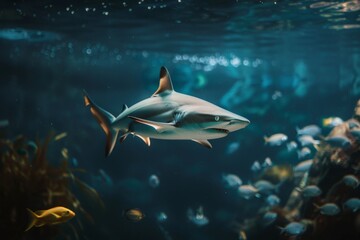 Fototapeta premium Graceful shark swimming in the deep ocean with fish. Nature concept. Underwater photography that captures the dark beauty of marine life. Generative AI