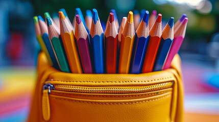 Fototapeta premium Vibrant Colored Pencils in a Yellow Case