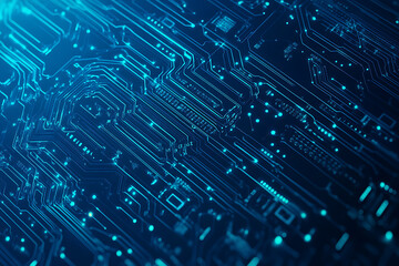 Vector illustration of a blue circuit board background featuring abstract digital tech patterns, with ample space for text or titles.
