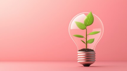 Illuminating Growth - 3D Light Bulb with Thriving Plant Inside, Inspirational Idea and Growth Concept, Flat Design Illustration, Generative Ai