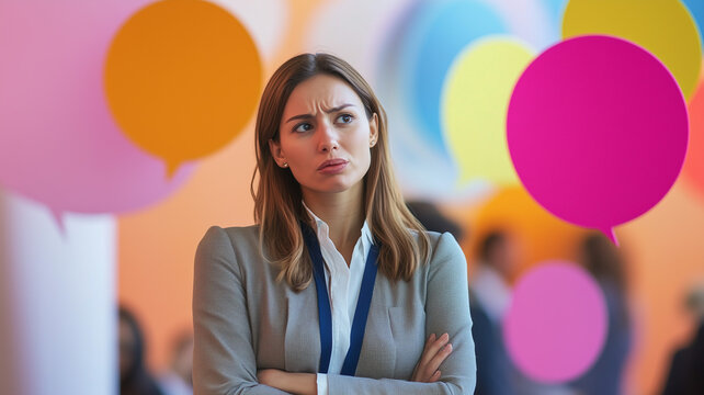 A woman at a business conference listening to a presentation filled with complex jargon in speech bubbles, her expression showing confusion and frustration. Ai generated