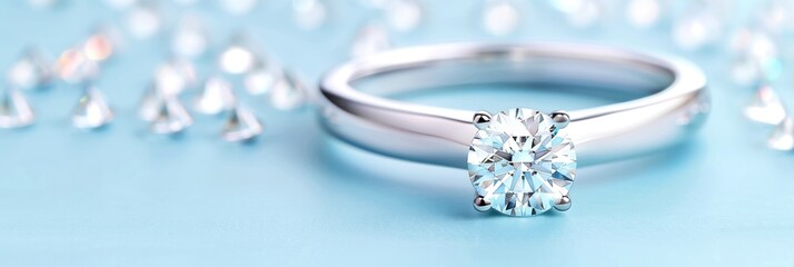 Elegant diamond engagement ring on a blue background with scattered crystal gems. Perfect symbol of love and commitment.