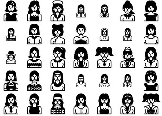 Set Of Linear Avatar Woman Solid Vector Symbols Apps, Websites Ui Designs Suitable For Avatar,Avatar-Woman,Hair,Woman,People Stroke Icon Collection. Vector Illustration