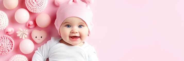 Adorable baby in a cute pink hat surrounded by soft toys and decorations, lying on a pink background, smiling happily.