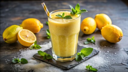 Fototapeta premium Freshly blended yellow lemon smoothie in a tall glass with a sprinkle of ice, garnished with a slice of lemon and a sprig of mint.