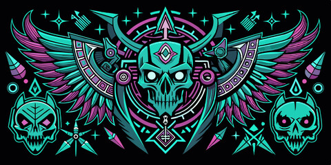 Neo tribal gothic tattoo set, retro futuristic cyber symmetry shapes, vector dark y2k wings, bones. Metal music cover print, alien surreal illustration, skull, stars grunge clipart. Neo tribal symbol