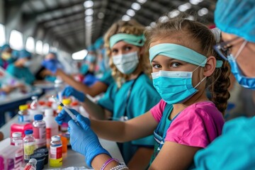 Children are seen receiving vaccines from medical staff in a clinic, showcasing a vaccination drive within a healthcare camp aimed at promoting immunization and public health.