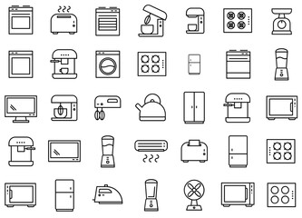 A Collection Of Appliances Vector Symbols Apps, Websites Ui Designs Suitable For Cooking,Electronics,Kitchen,Appliance,Appliances Outline Icons Collection. Simple Vector Illustration