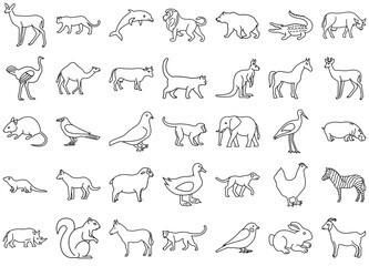 Mega Set Of Vector Animal Icons Silhouette Vector Logo Design Containing Bird,Wild,Zoo,Animal,Pet Stroke Icon Collection. Vector Illustration